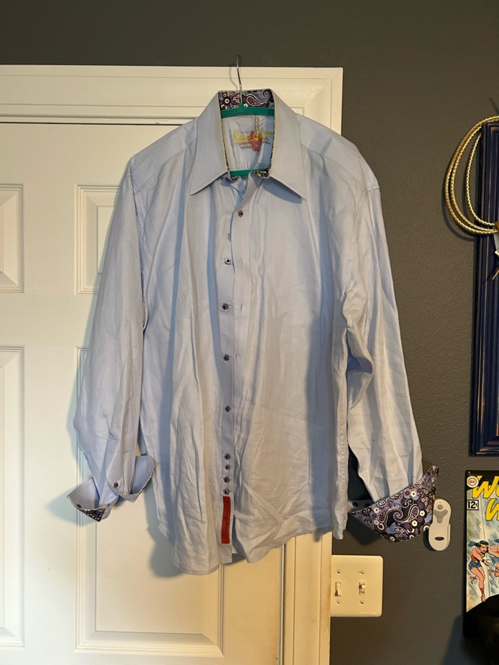Robert Graham Light Blue Men's Casual Button-Down Shirt with Contrast Trim